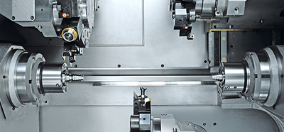 Maschineninnenraum des INDEX C200-Drehmaschine mit 2 Spindeln